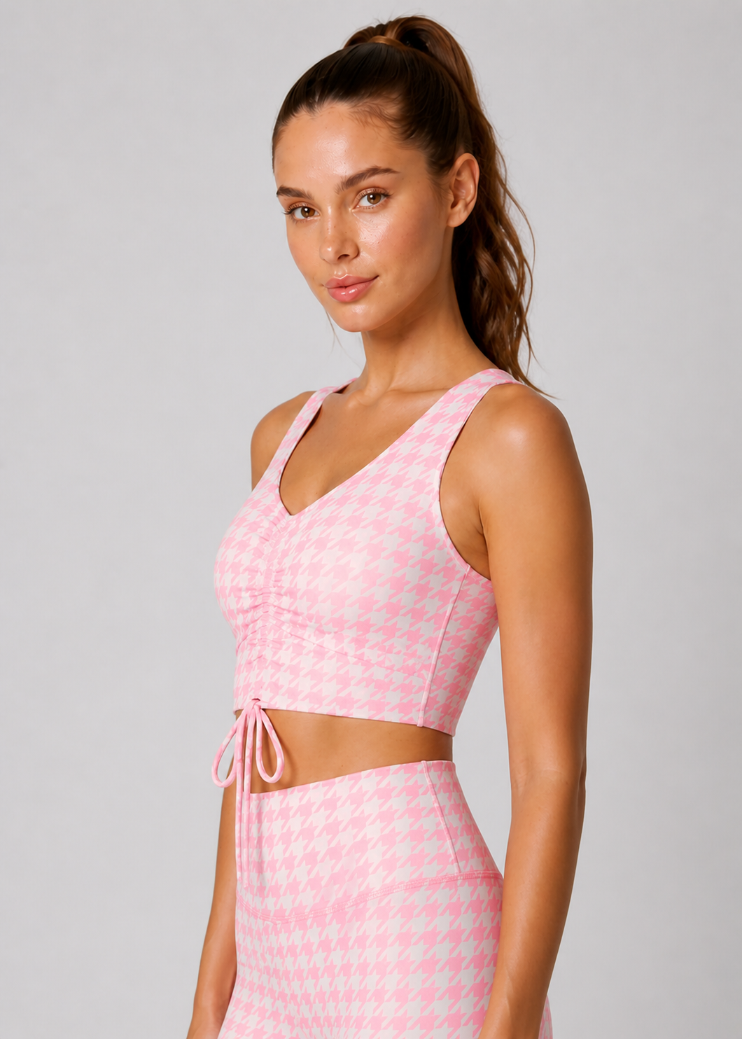 Houndstooth Cinched Drawstring Crop Top Made in USA