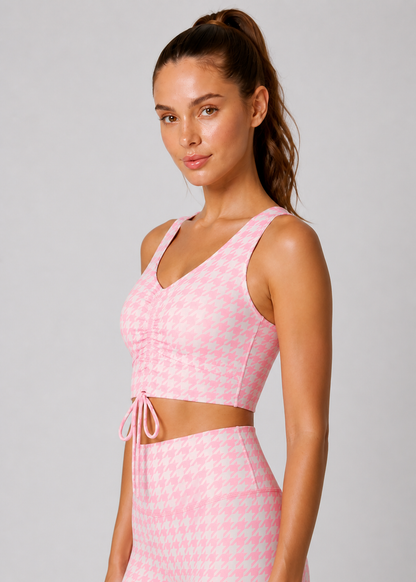 Houndstooth Cinched Drawstring Crop Top Made in USA