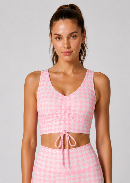 Houndstooth Cinched Drawstring Crop Top Made in USA