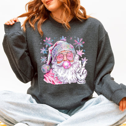 Disco Santa Bubble Gum Christmas Snowflakes Festive Candy Sparkle Graphic Sweatshirt
