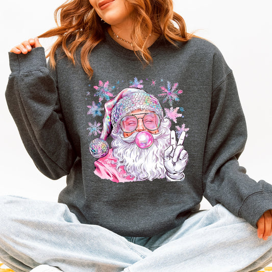 Disco Santa Bubble Gum Christmas Snowflakes Festive Candy Sparkle Graphic Sweatshirt