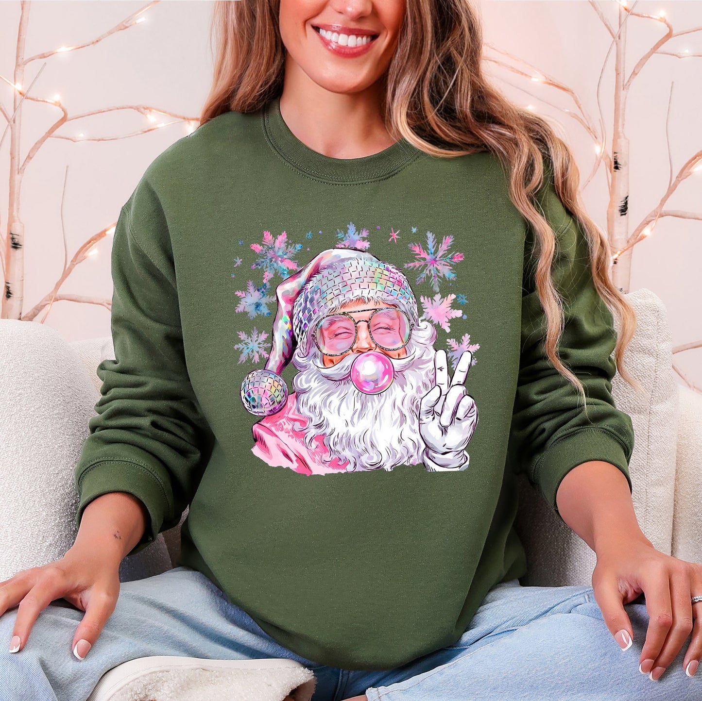 Disco Santa Bubble Gum Christmas Snowflakes Festive Candy Sparkle Graphic Sweatshirt