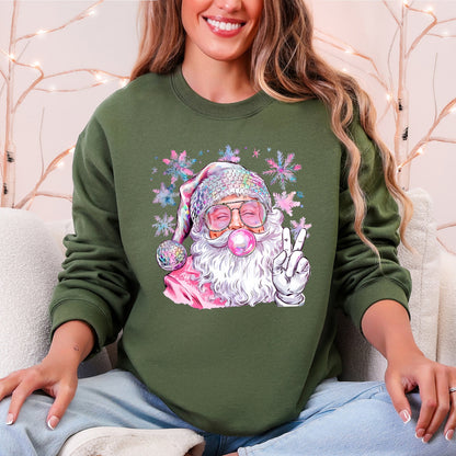 Disco Santa Bubble Gum Christmas Snowflakes Festive Candy Sparkle Graphic Sweatshirt