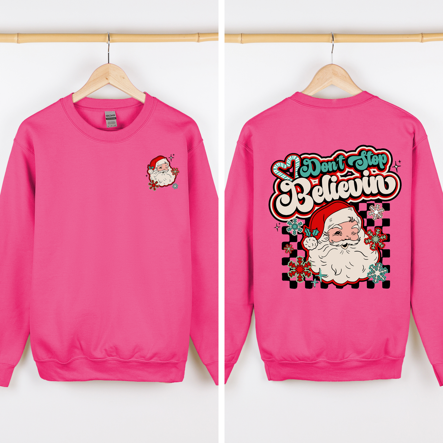 Don't Stop Believin' Santa Christmas Checkered Vintage Inspired Retro Sweatshirt