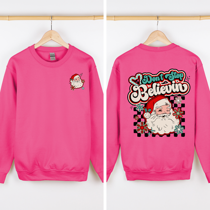 Don't Stop Believin' Santa Christmas Checkered Vintage Inspired Retro Sweatshirt