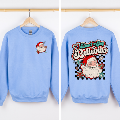 Don't Stop Believin' Santa Christmas Checkered Vintage Inspired Retro Sweatshirt