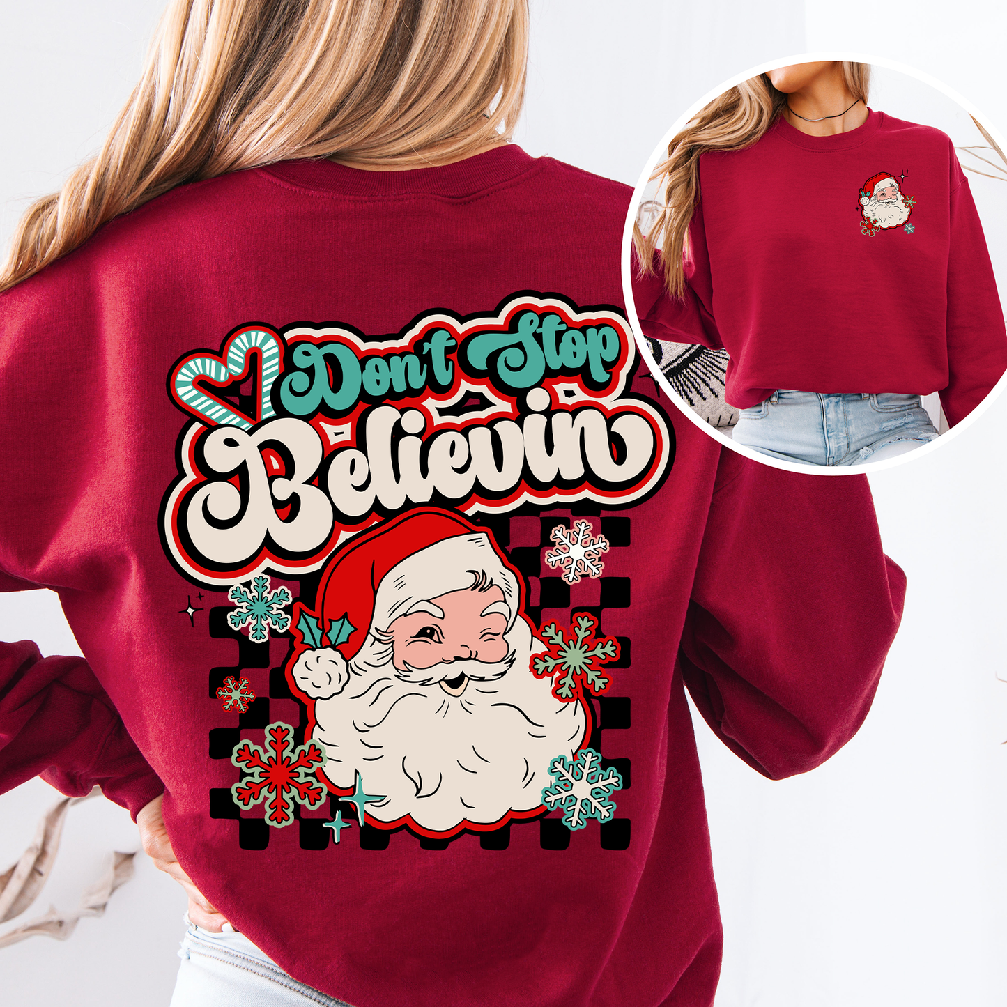 Don't Stop Believin' Santa Christmas Checkered Vintage Inspired Retro Sweatshirt