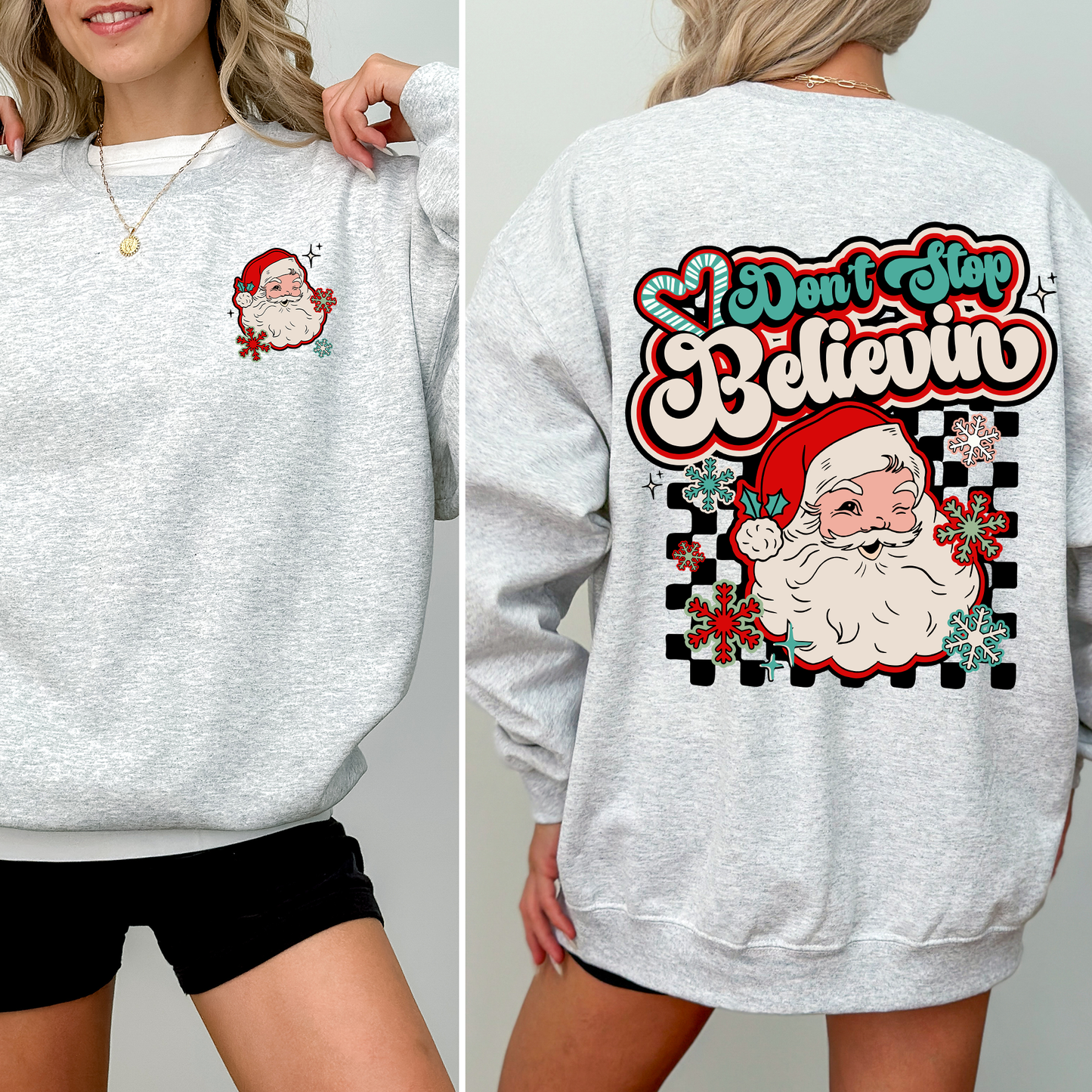 Don't Stop Believin' Santa Christmas Checkered Vintage Inspired Retro Sweatshirt