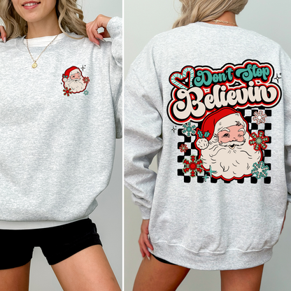 Don't Stop Believin' Santa Christmas Checkered Vintage Inspired Retro Sweatshirt