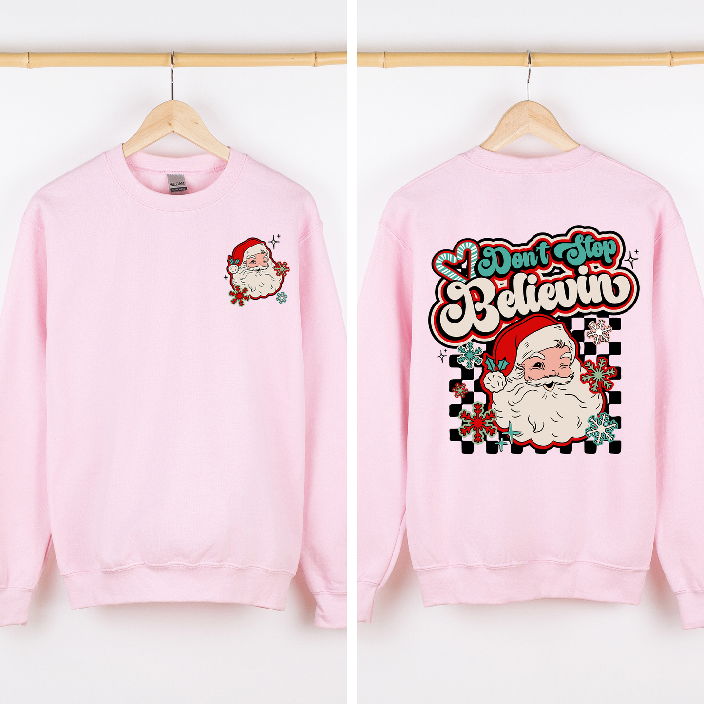 Don't Stop Believin' Santa Christmas Checkered Vintage Inspired Retro Sweatshirt