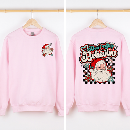 Don't Stop Believin' Santa Christmas Checkered Vintage Inspired Retro Sweatshirt