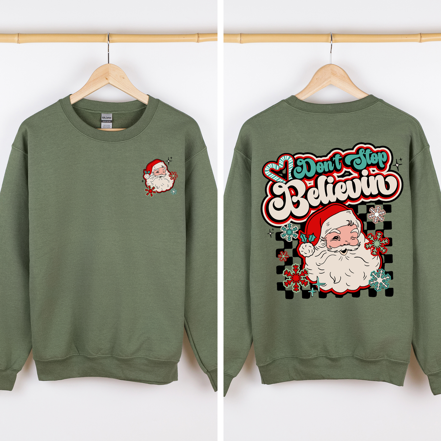 Don't Stop Believin' Santa Christmas Checkered Vintage Inspired Retro Sweatshirt