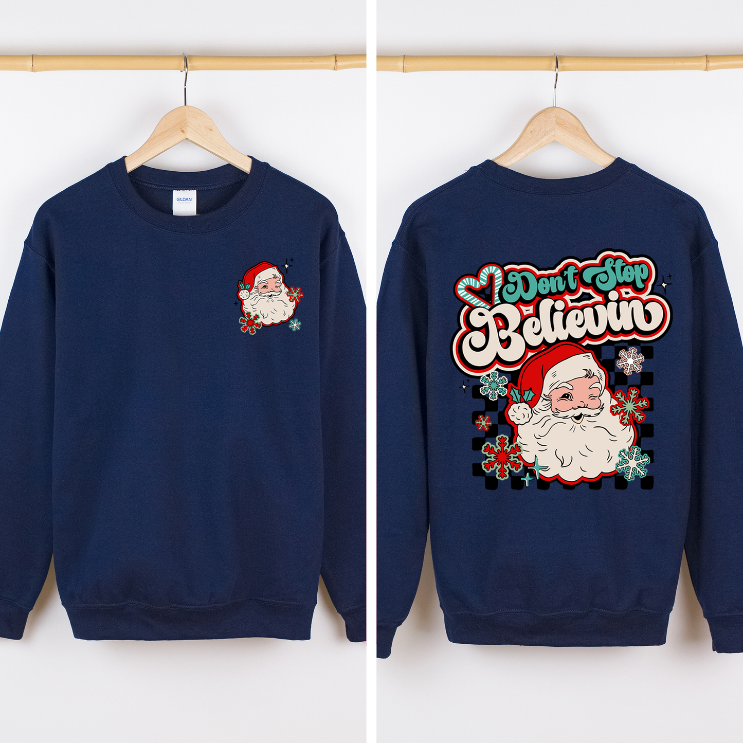 Don't Stop Believin' Santa Christmas Checkered Vintage Inspired Retro Sweatshirt