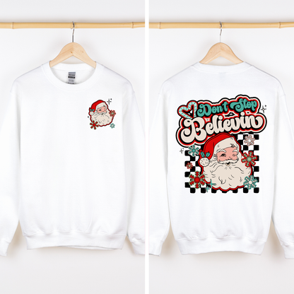 Don't Stop Believin' Santa Christmas Checkered Vintage Inspired Retro Sweatshirt