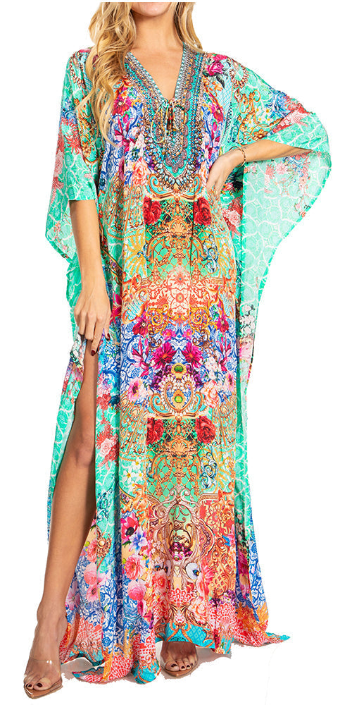 Sakkas Georgettina 2025 Flowy Rhinestone V Neck Long Caftan Dress / Cover Up