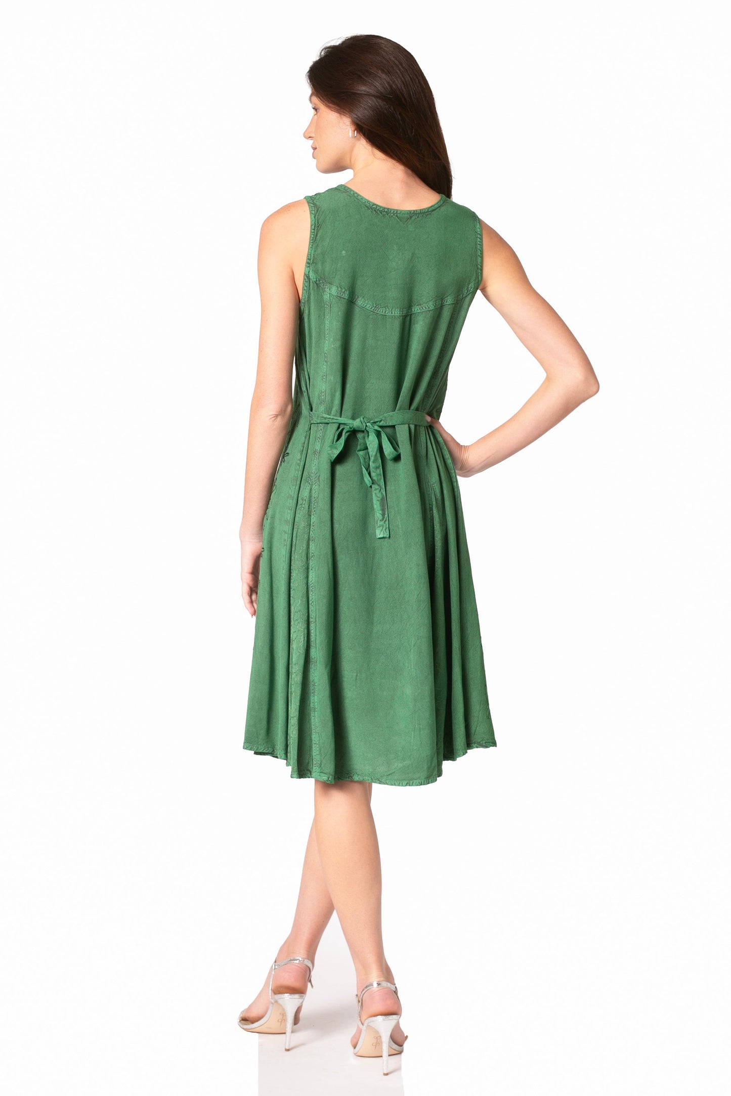 Sakkas Maya Midi Floral Embroidered Sleeveless Button Up Rayon Dress