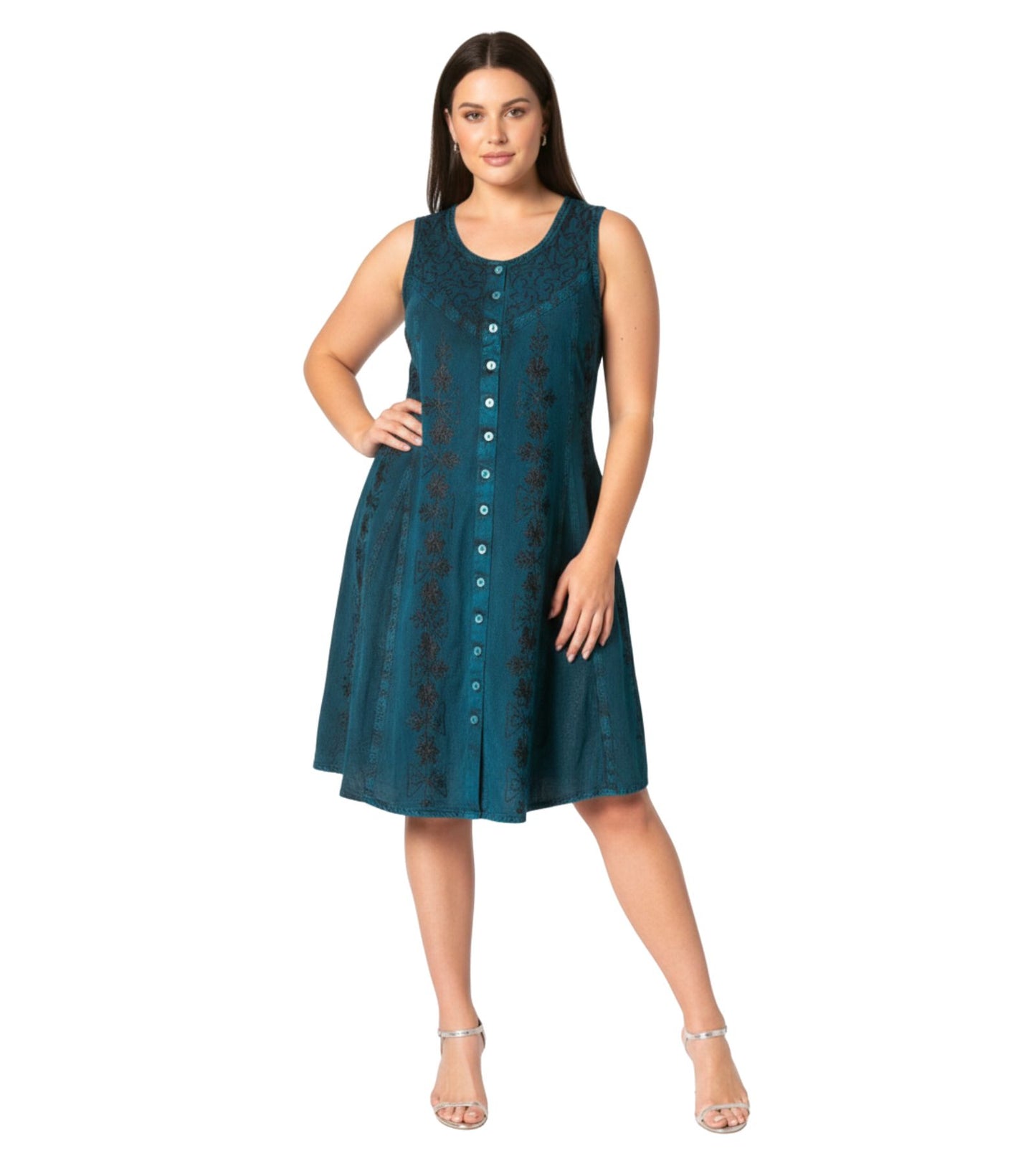 Sakkas Maya Midi Floral Embroidered Sleeveless Button Up Rayon Dress