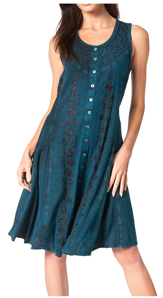 Sakkas Maya Midi Floral Embroidered Sleeveless Button Up Rayon Dress