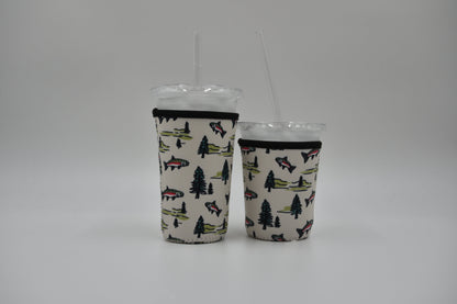 Trout and pines Coffee Sleeve | Reusable Neoprene Iced Coffee Cup Cover 16-24oz Cowboy Print Eco-Friendly Insulator for Grande & Venti Cups