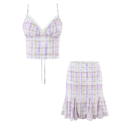 Spicy girl big plaid small suspender+plaid skirt set