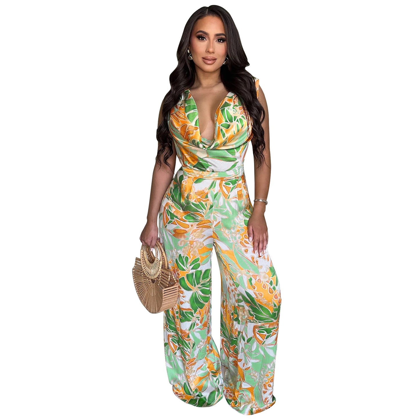 Sleeveless lace up wide leg printed jumpsuit
