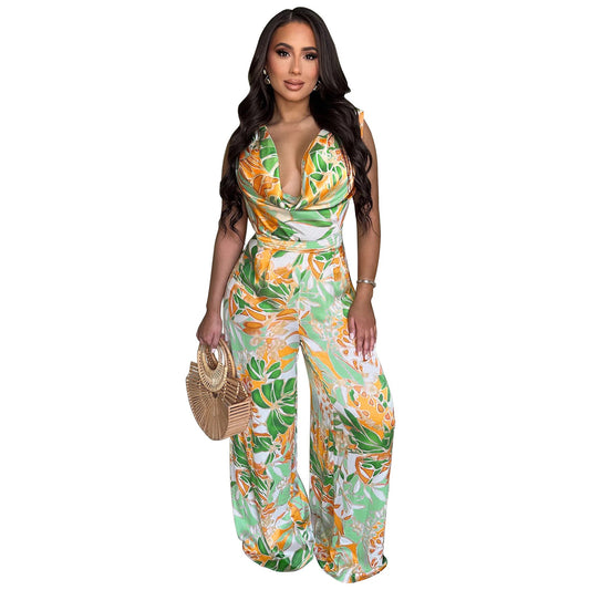 Sleeveless lace up wide leg printed jumpsuit