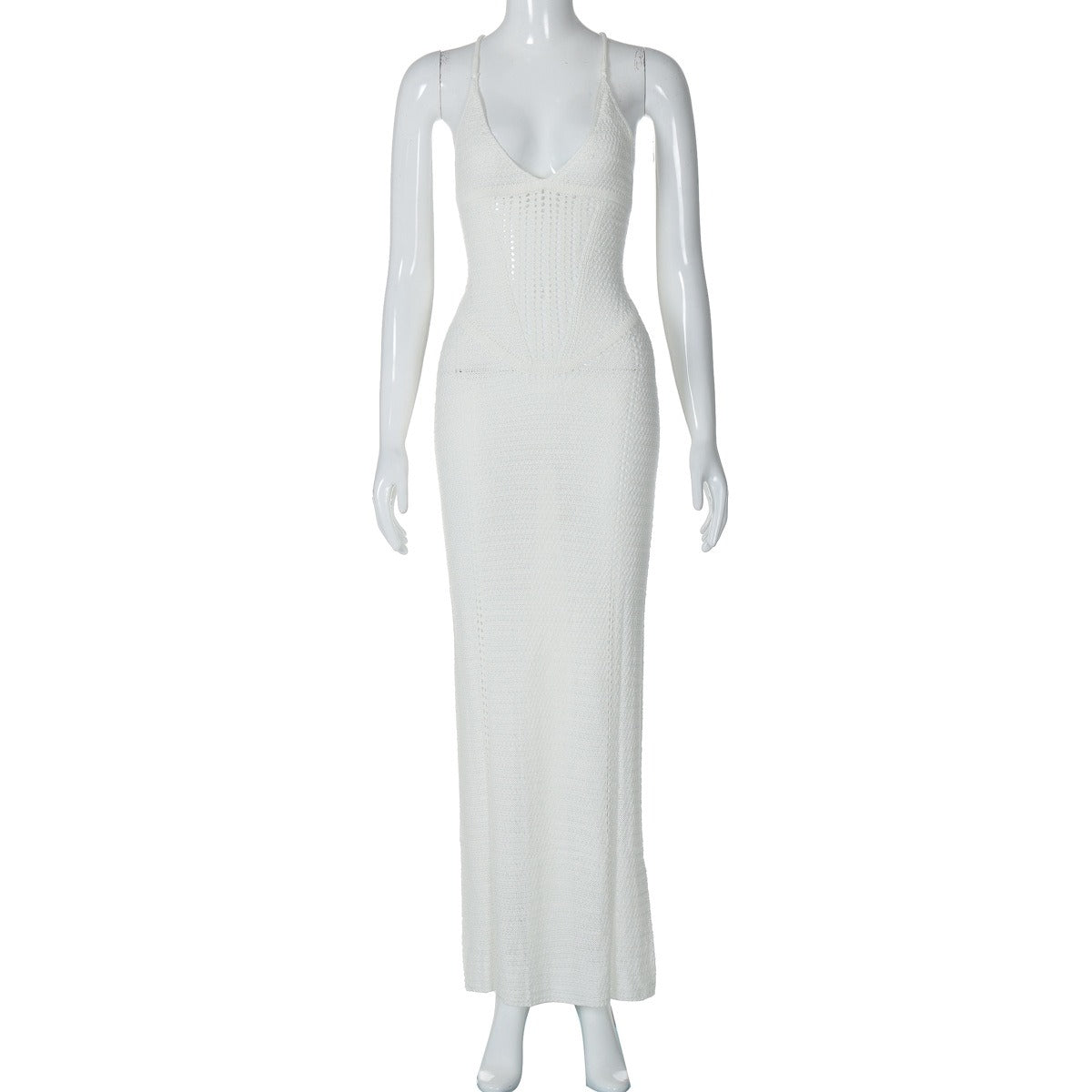 Fashionable and sexy backless strapless hollow knitted dress