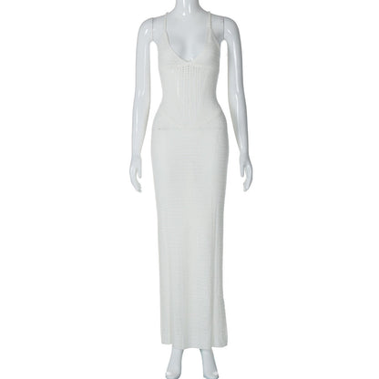Fashionable and sexy backless strapless hollow knitted dress