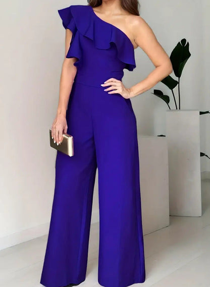 Chic Off-Shoulder High-Waisted Loose Straight-Leg Women's Jumpsuit with Ruffles
