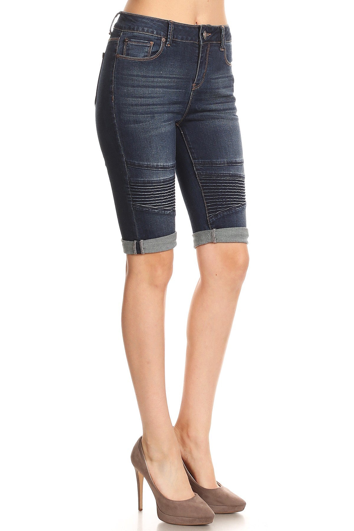 Mid Rise 5 Pocket Bermuda Denim Shorts