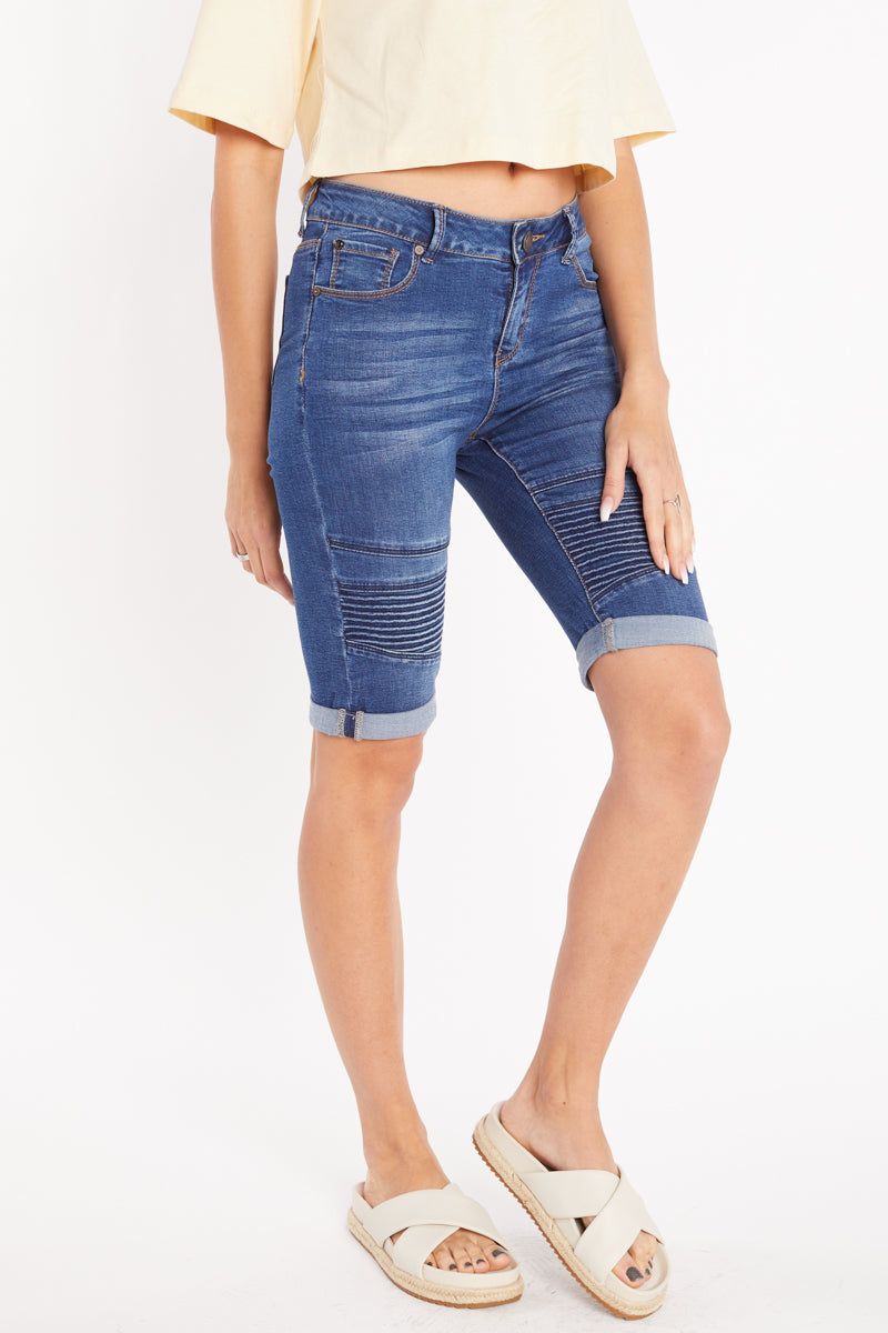 Mid Rise 5 Pocket Bermuda Denim Shorts