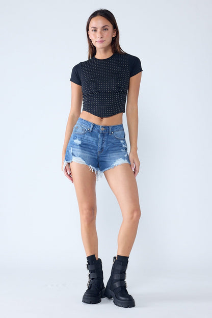 Super High Rise Destructed Mom Denim Shorts