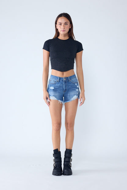 Super High Rise Destructed Mom Denim Shorts