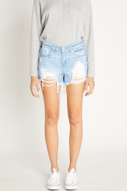 High Rise Destructed Denim Shorts