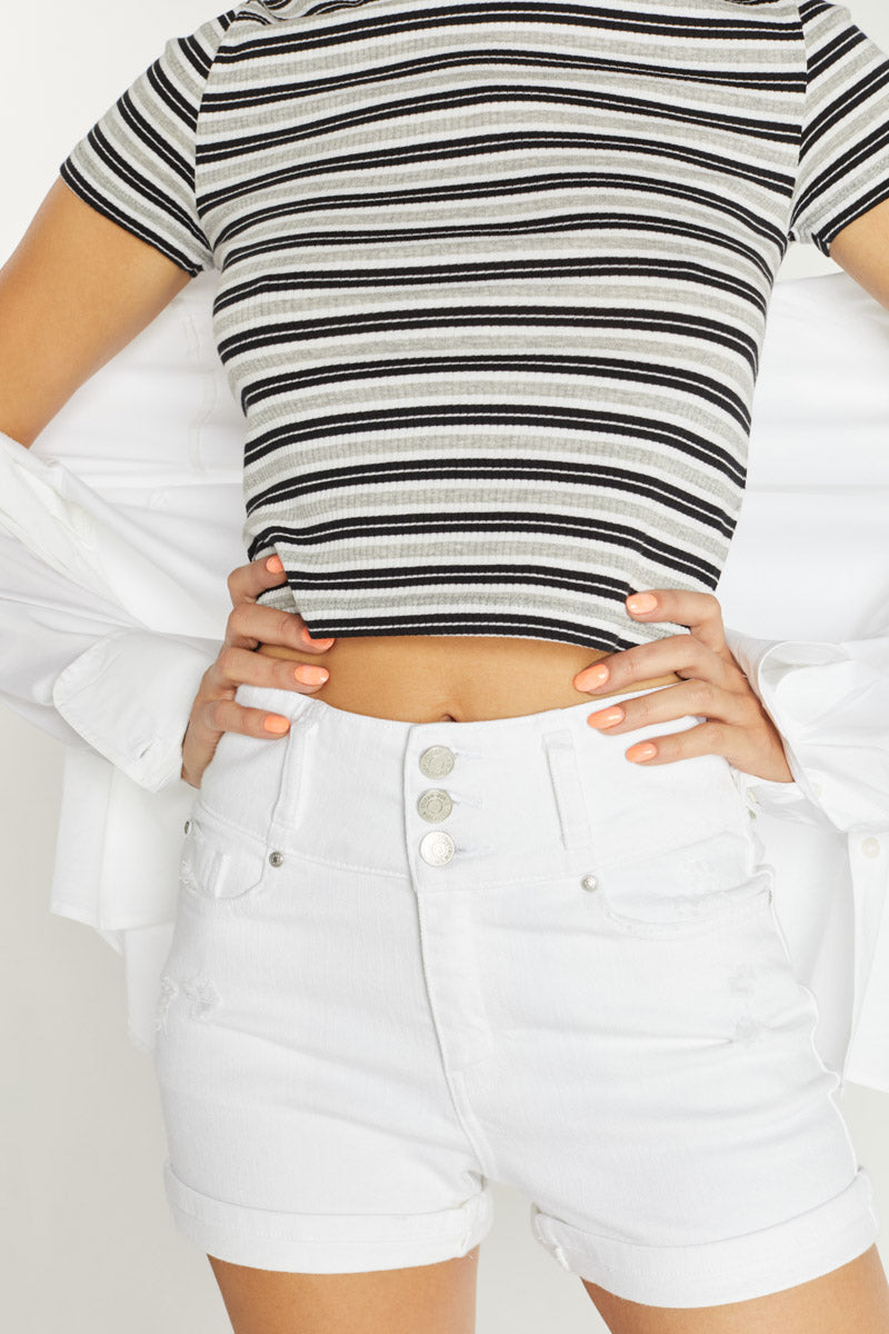 High-Rise 3 Button Destressed Denim Shorts