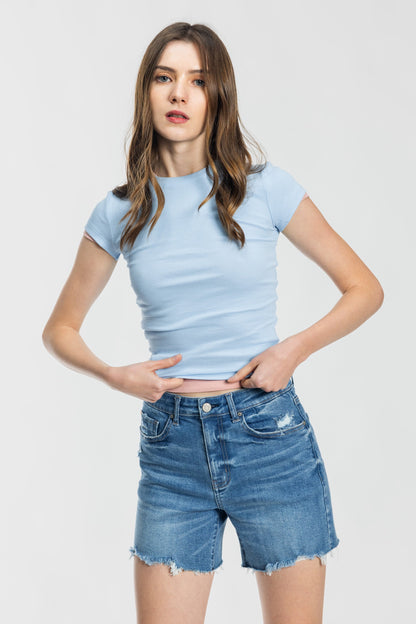 Mid Length Distressed Cut Off Denim Shorts