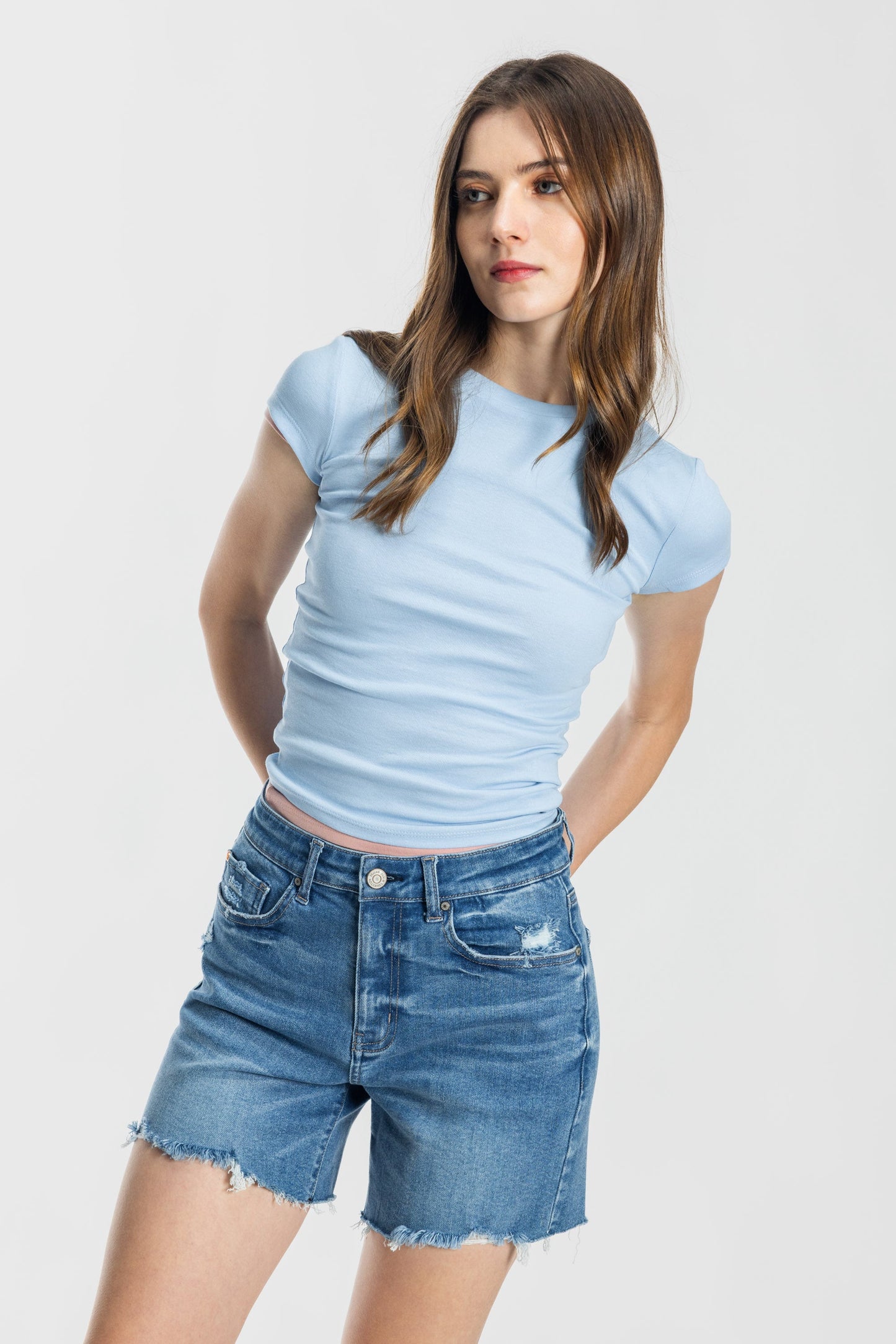 Mid Length Distressed Cut Off Denim Shorts