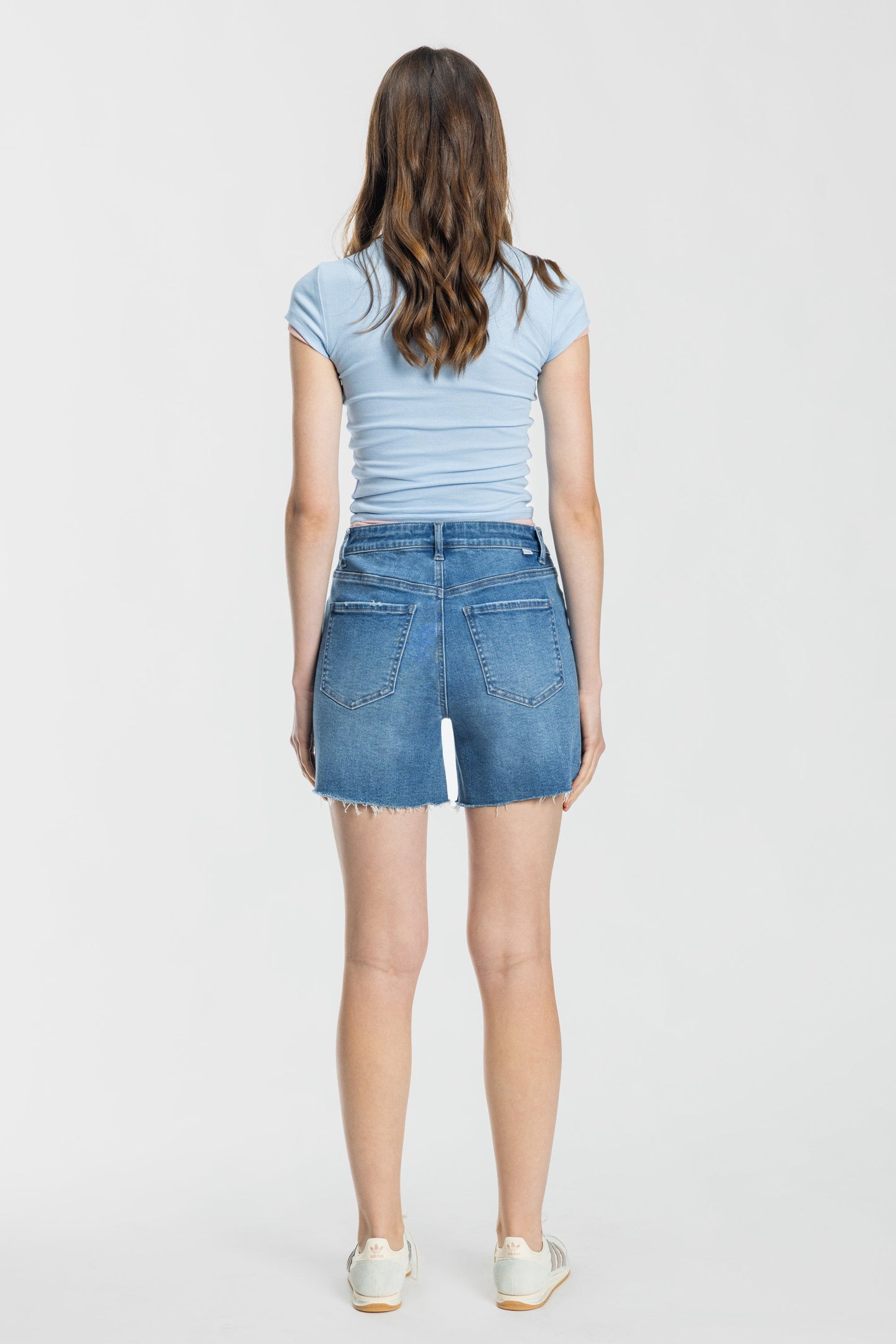 Mid Length Distressed Cut Off Denim Shorts