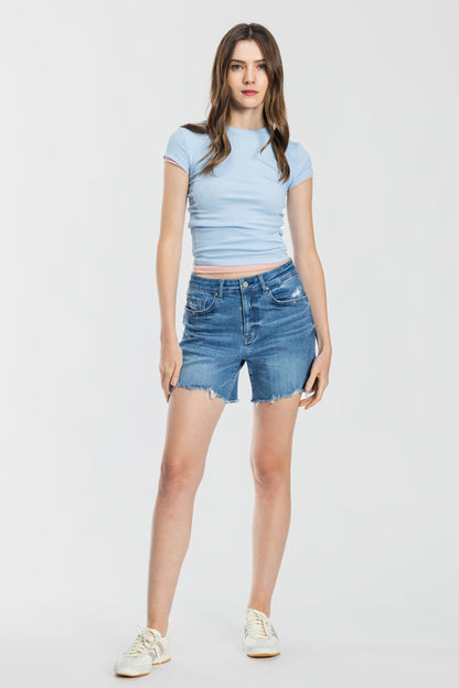 Mid Length Distressed Cut Off Denim Shorts