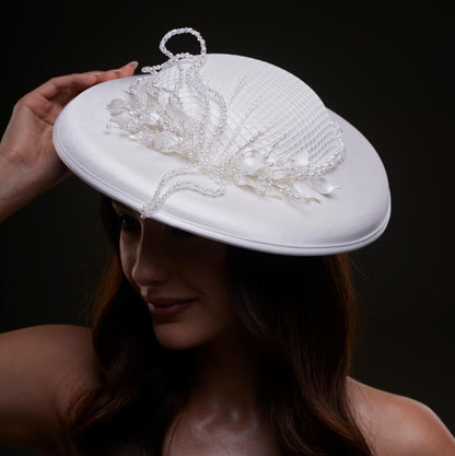 Elegant White Bridal Hat with Beaded Flower Detail
