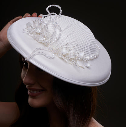 Elegant White Bridal Hat with Beaded Flower Detail
