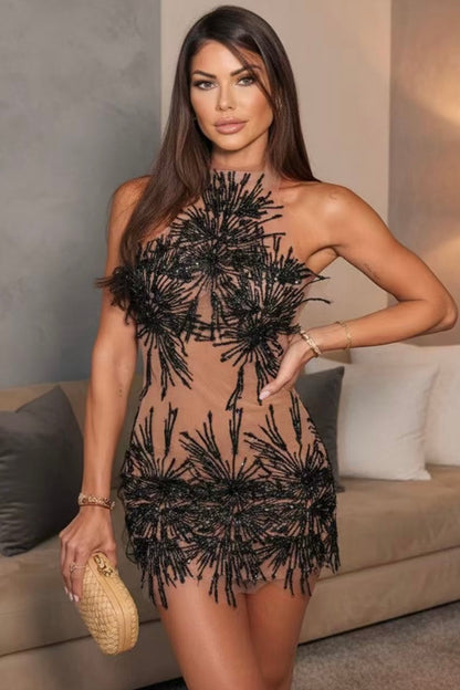 Jessica Bara Cady Rhinestone Pearl Mesh Mini Dress