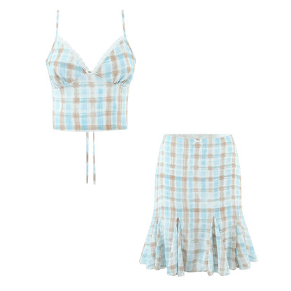 Spicy girl big plaid small suspender+plaid skirt set