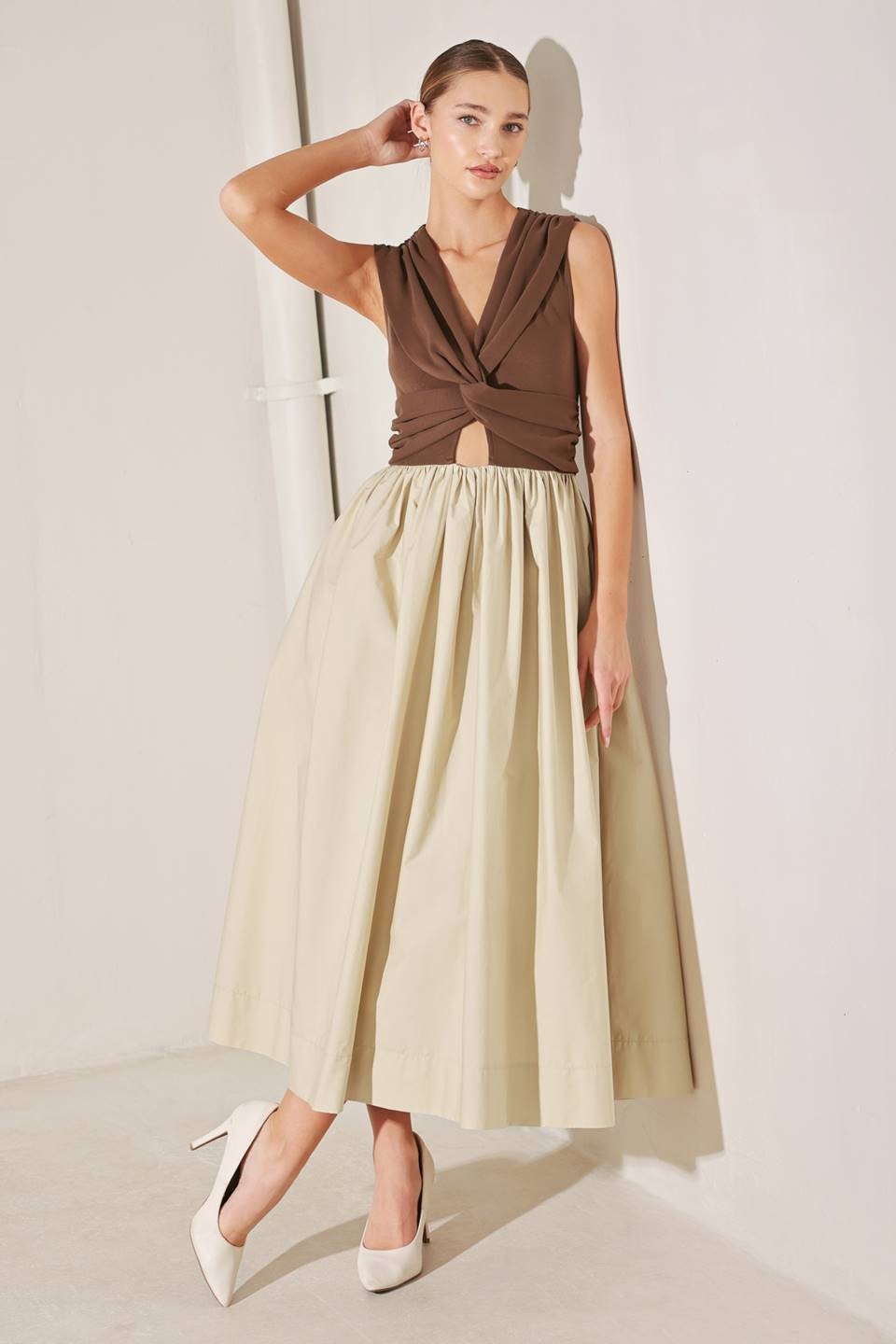Two-Tone Twist Front Midi Dress