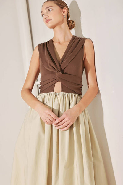 Two-Tone Twist Front Midi Dress