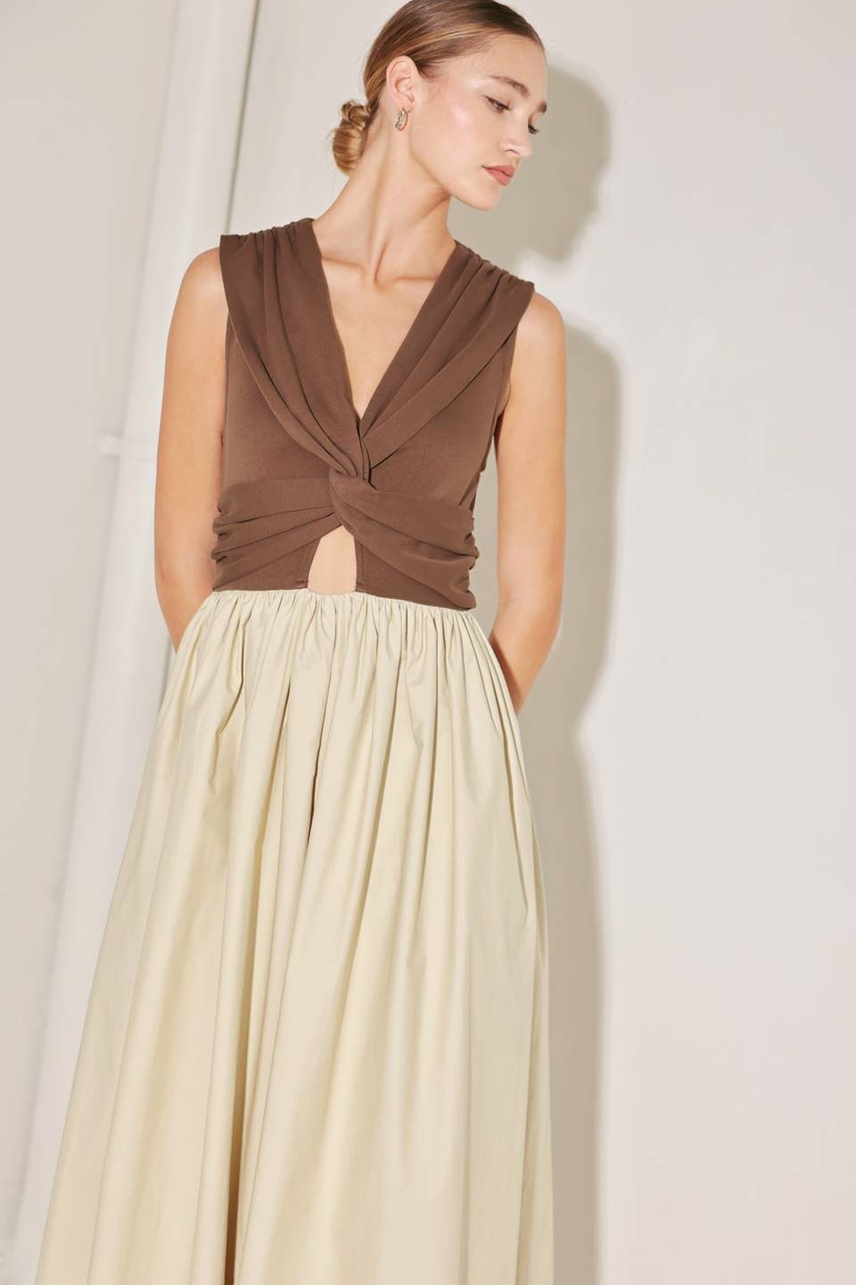 Two-Tone Twist Front Midi Dress