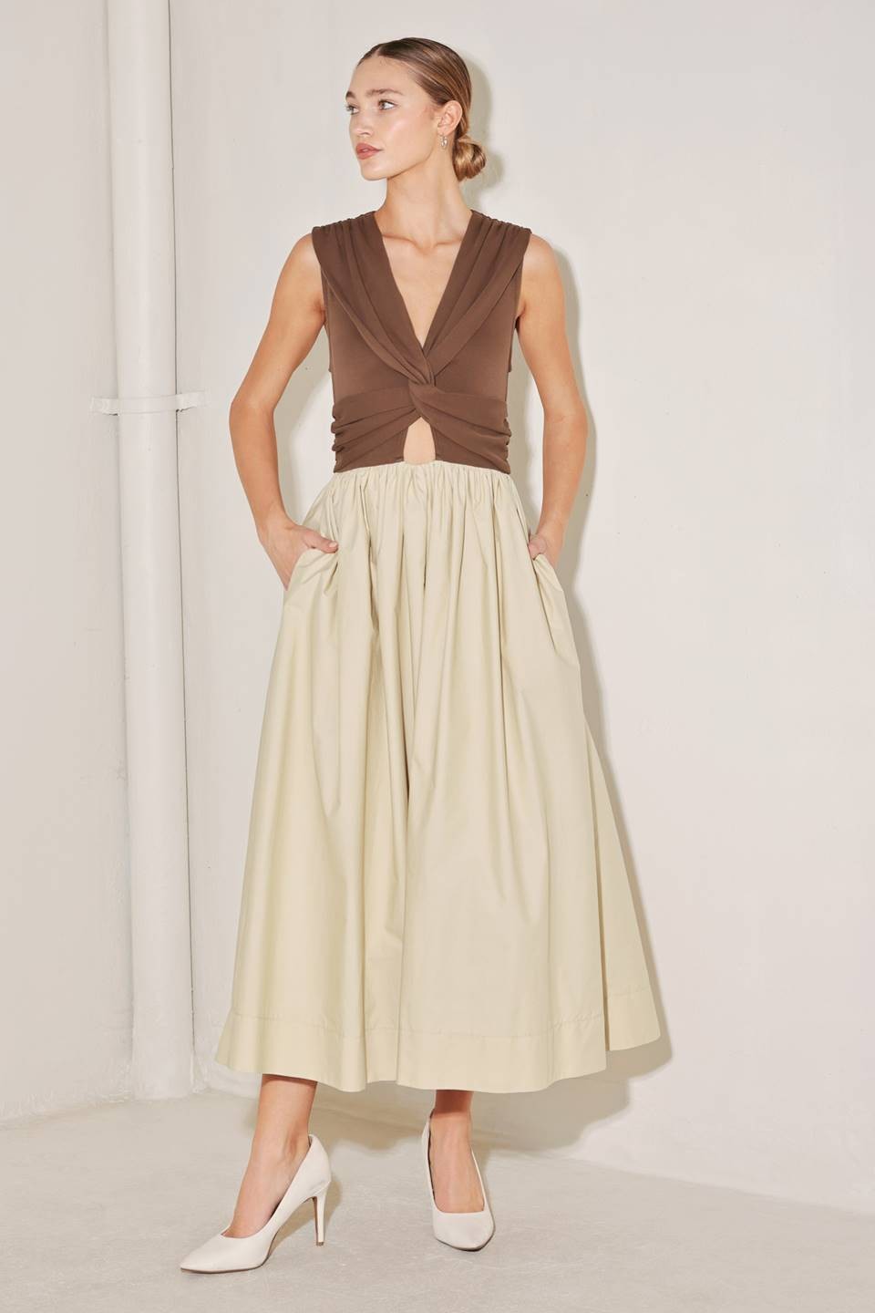 Two-Tone Twist Front Midi Dress