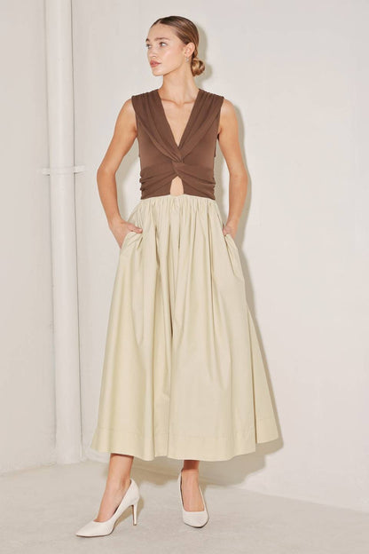 Two-Tone Twist Front Midi Dress