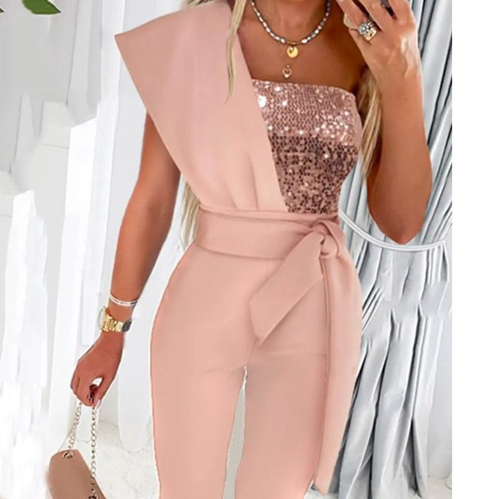 Fashionable SummerPrinted Solid Color Sleeveless Belted Jumpsuit with Beaded Embellishment, Fitted Patchwork Women's Clothing