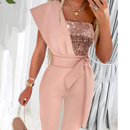 Fashionable SummerPrinted Solid Color Sleeveless Belted Jumpsuit with Beaded Embellishment, Fitted Patchwork Women's Clothing